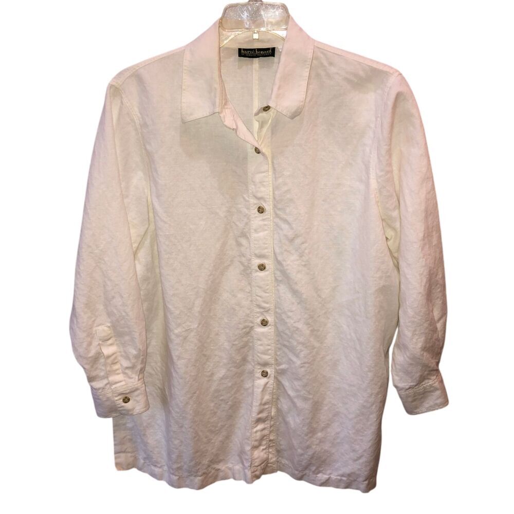 Harve Benard Womens 1X White Linen Cotton Long Sleeve Button Up Blouse Top Shirt